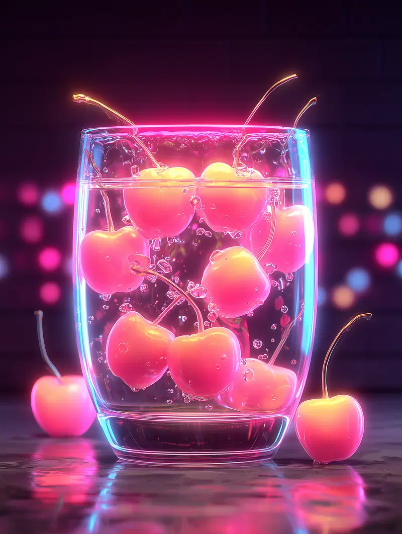 Vibrant neon-lit glass of water with glowing cherries in saturated colors