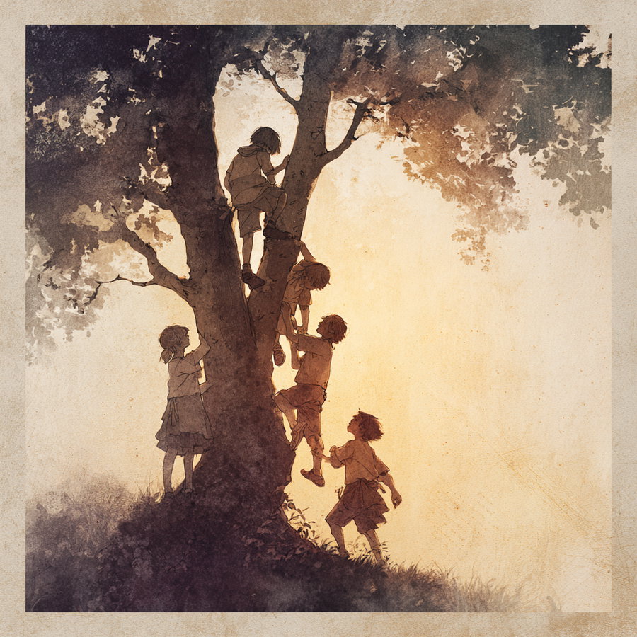 artistic image showing five children climbing and playing around a large tree with a warm sunset background, sepia-toned vintage effect