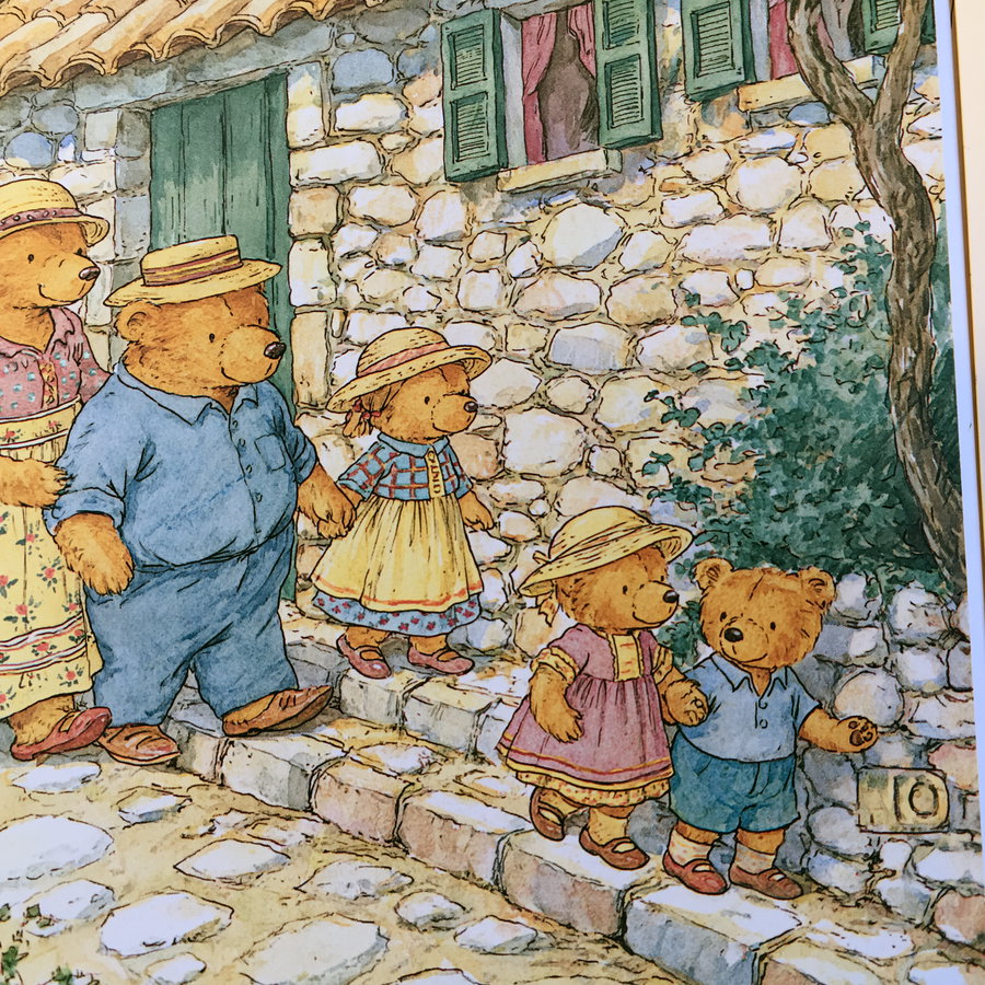 A watercolor-style illustration showing four bears dressed in old-fashioned clothes and hats walking down stone steps beside a stone wall with green shutters and a tree.