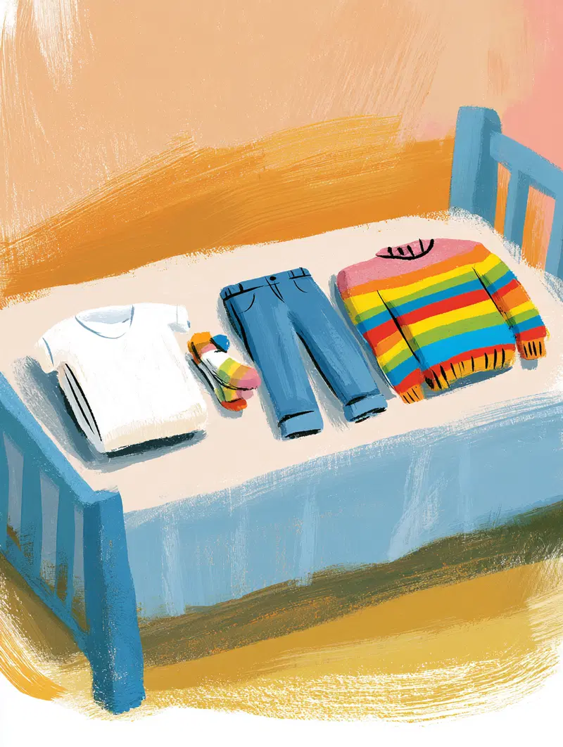 Illustration of colorful clothes neatly arranged on a blue bed