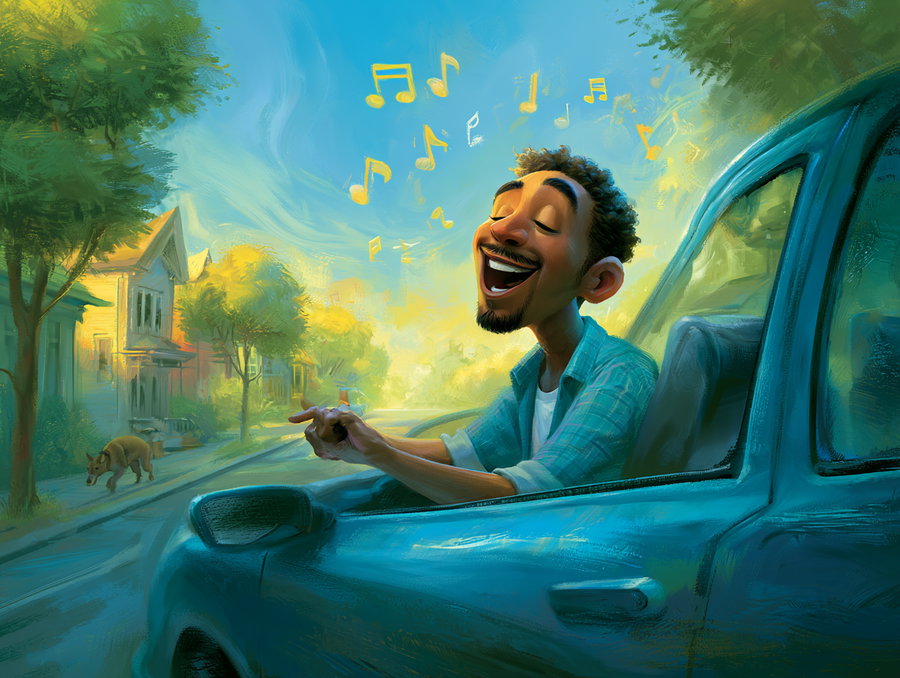A colorful digital painting of a man happily singing with musical notes floating above him, leaning out from the window of a blue car on a sunny street lined with trees and houses.