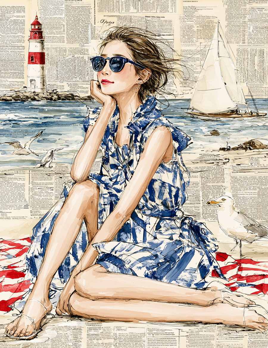 Illustration of a woman wearing sunglasses and a blue and white dress sitting on a red and white cloth by the seaside, with a lighthouse, sailboat, and seagulls in the background, and a collage of text pages as the backdrop
