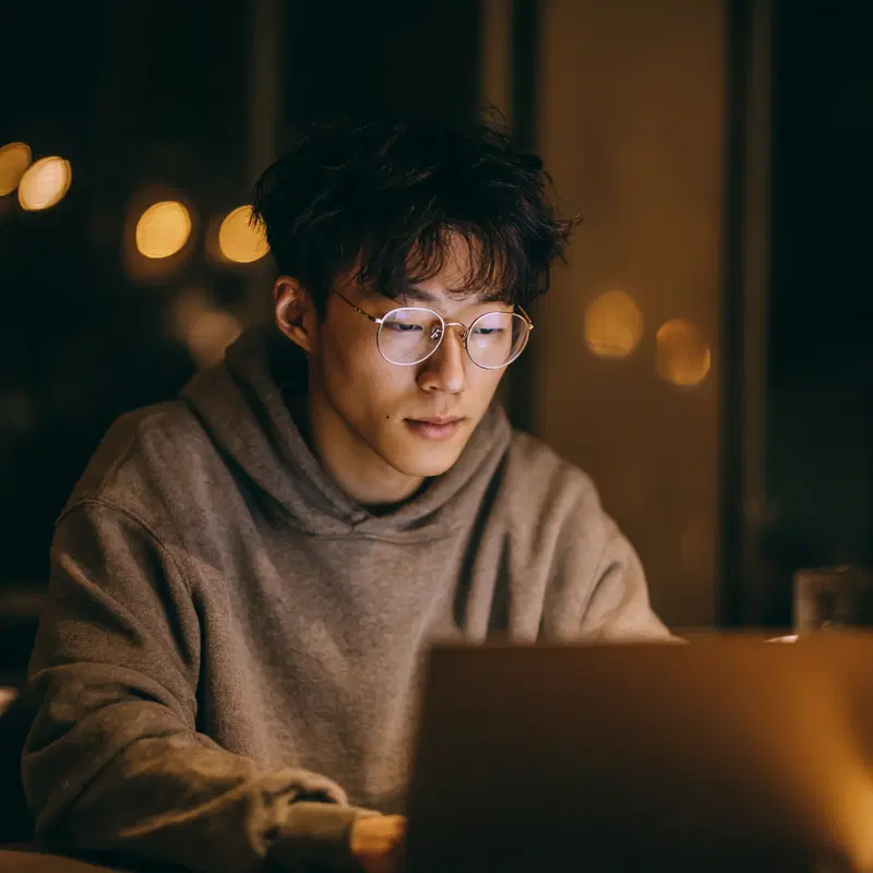 Focused young man working on laptop in cozy dimly lit room