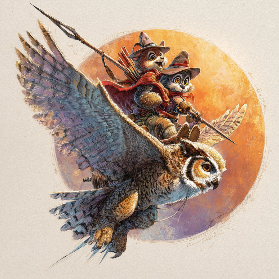 Two raccoon-like characters wearing hats and cloaks, holding weapons, riding on a large owl flying in front of an orange sunset circle background