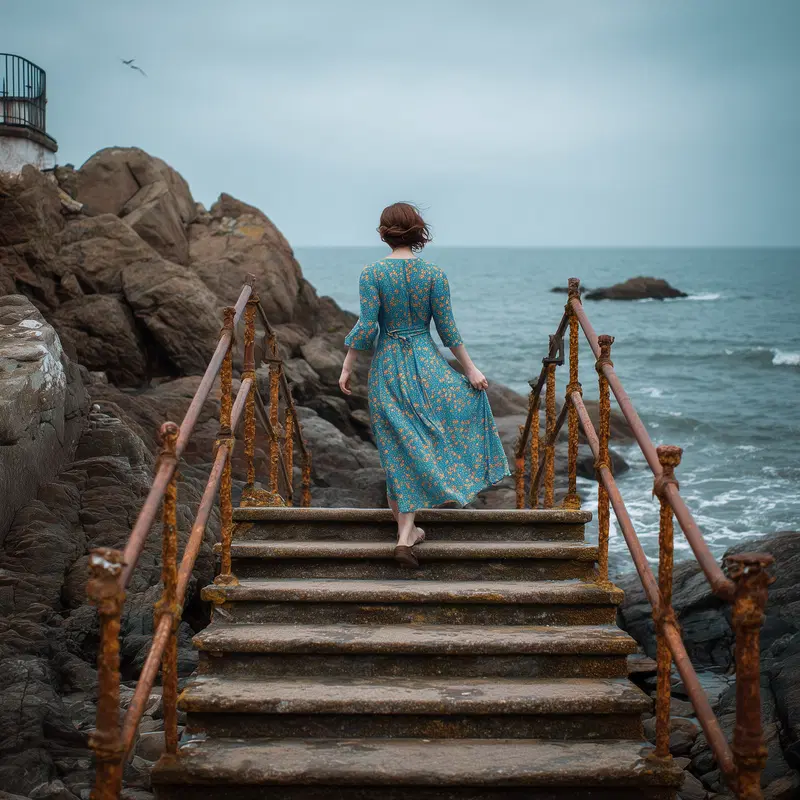 Woman in a floral dress walking up rustic stairs by the sea on a cloudy day