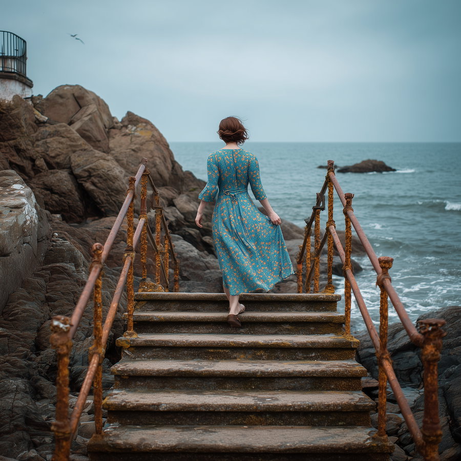 A woman in a blue dress with orange floral patterns walking up moss-covered concrete stairs with rusty railings towards the ocean under a cloudy sky, rocky cliffs on the side and waves in the background