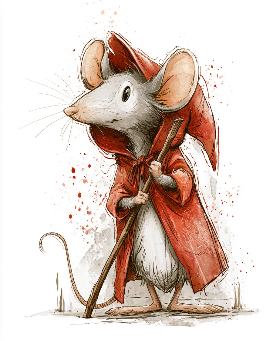 Illustration of a gray mouse standing upright, wearing a red cloak with a hood and holding a wooden walking stick, on a white background with red and gray splatter accents