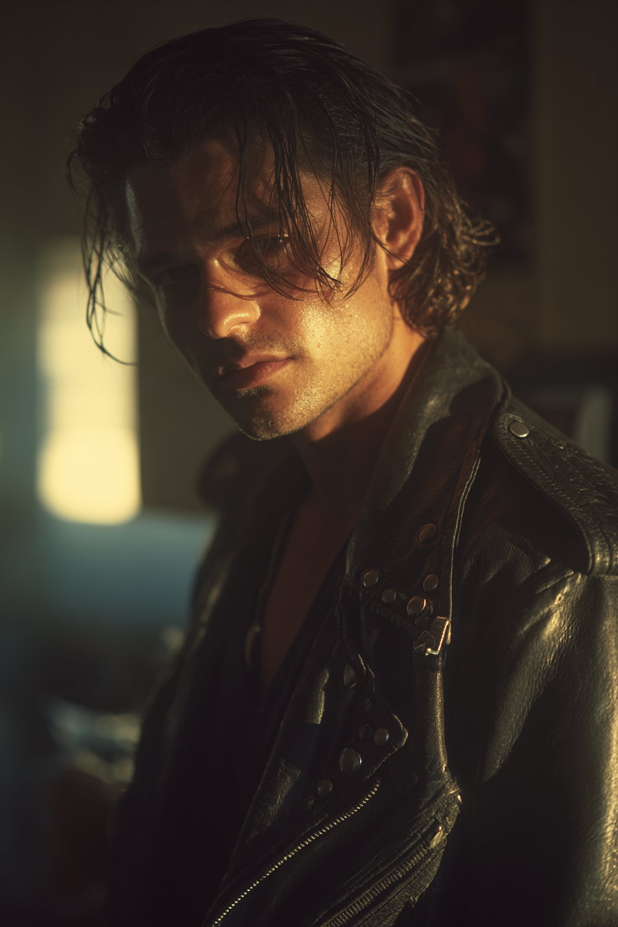 Close-up of a man with wet hair wearing a studded black leather jacket, illuminated by warm, low light with shadows on his face