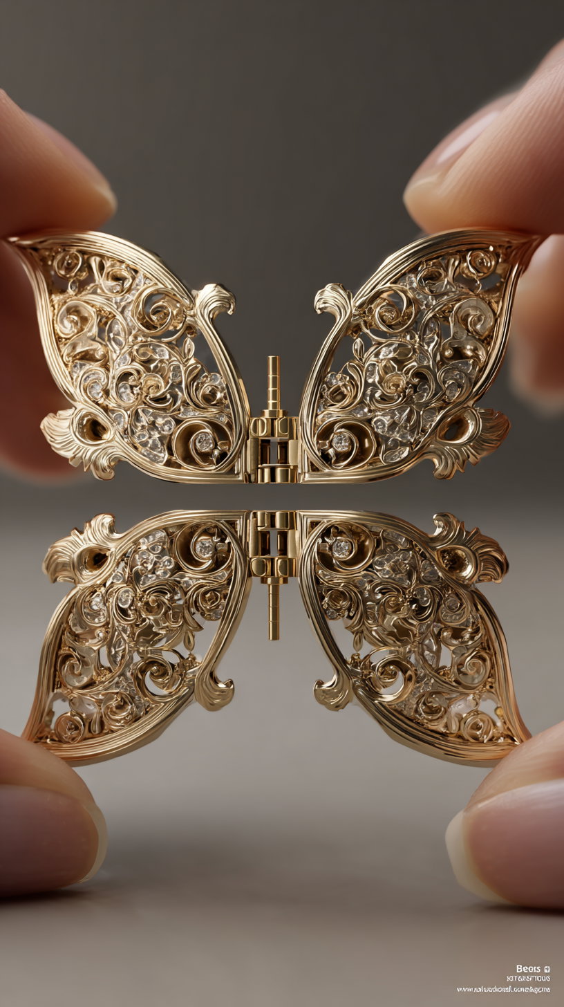 Close-up of a gold butterfly brooch with ornate filigree wings and small gemstones held between fingers, reflecting on a smooth surface.