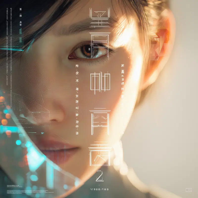 Close-up portrait with digital overlay and futuristic text design