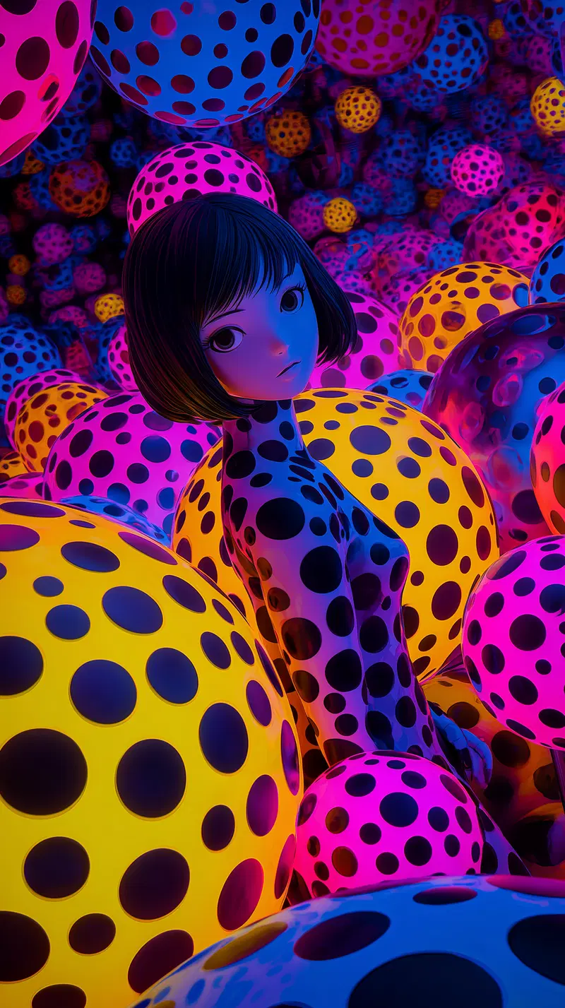 Modern digital art featuring a figure and vibrant polka-dotted spheres in neon colors