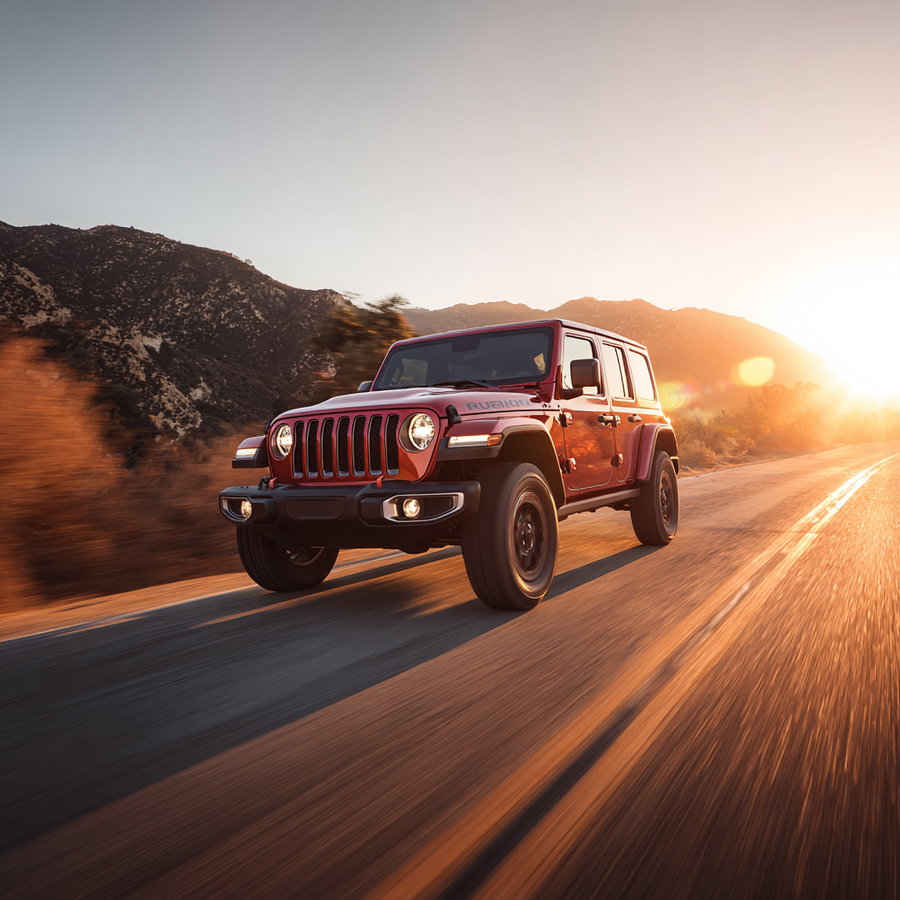 Red Jeep Wrangler driving on a highway at sunset with mountains in the background and warm light