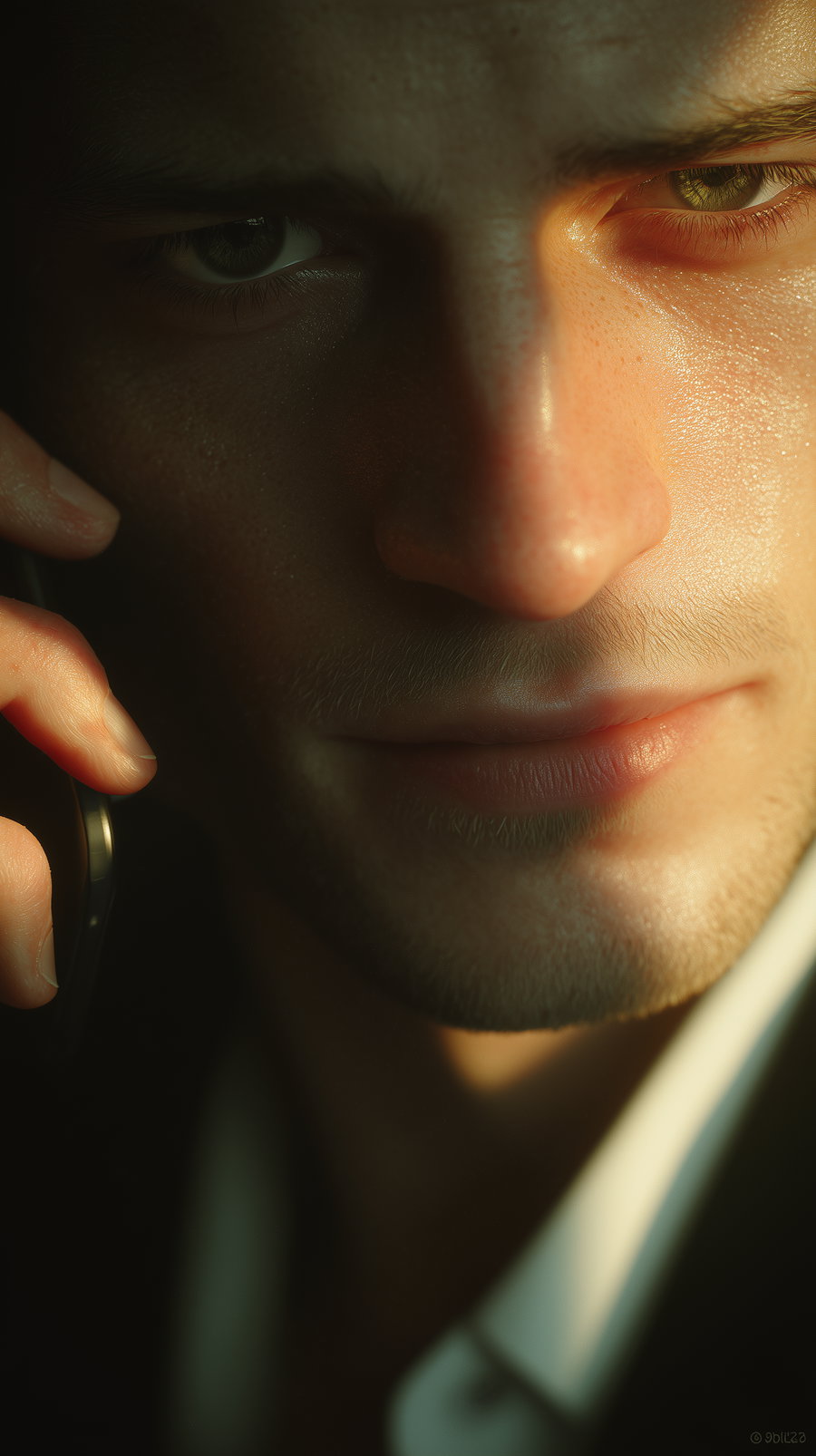 Close-up of a young man holding a phone to his ear, showing detailed facial features with dramatic lighting and shadows
