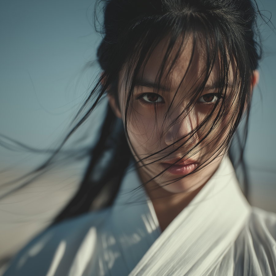 A close-up image of a young woman wearing a white garment with long black hair blowing across her face against a clear blue sky background