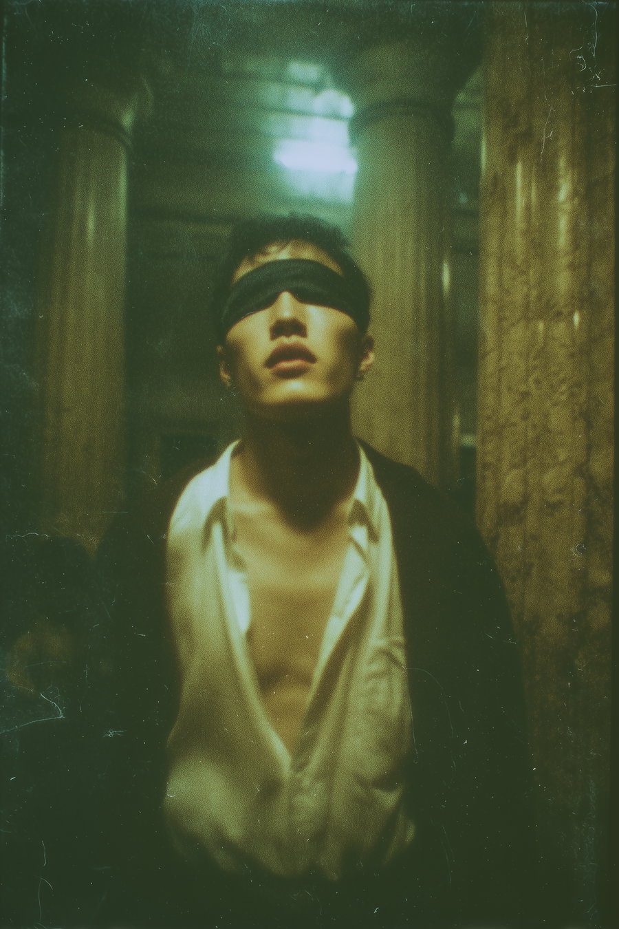 Man wearing a black blindfold and a partially unbuttoned white shirt, standing indoors between ornate columns with muted greenish lighting and a hazy atmosphere