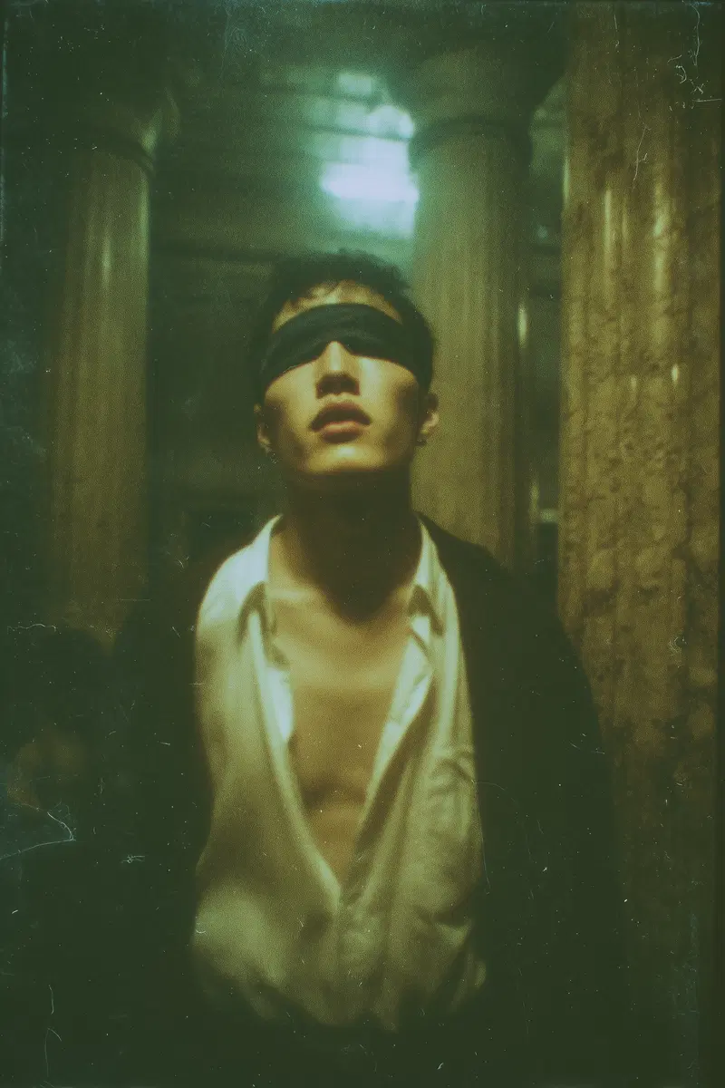 Moody portrait of a man with blindfold in dimly lit classical interior