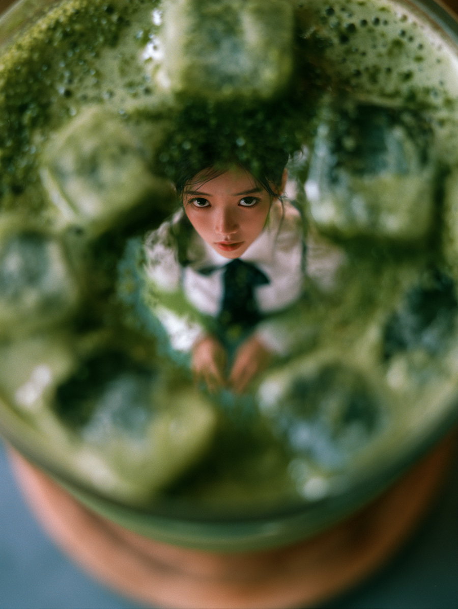 Photo of a woman wearing a white shirt and dark tie, viewed through a green, translucent, and textured surface that blurs and distorts the image