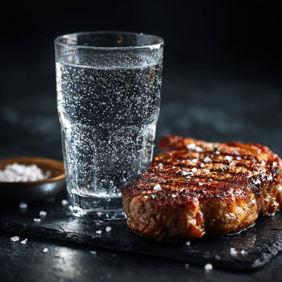 A well-grilled steak with coarse salt on top placed on a dark slate board next to a glass of sparkling water full of bubbles, with a bowl of salt in the background on a dark surface