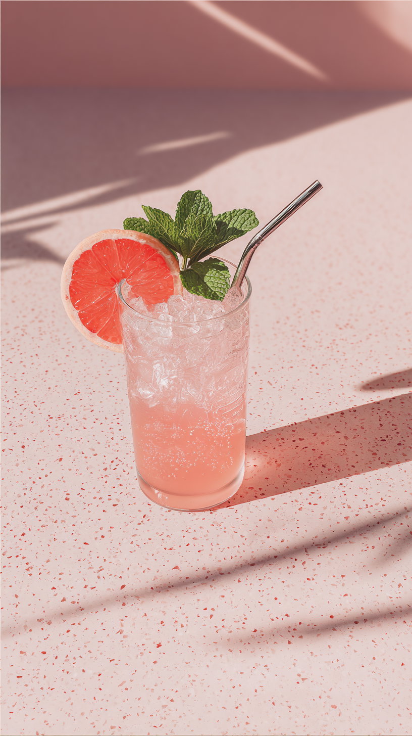 A tall glass of pink grapefruit drink filled with crushed ice, garnished with a slice of grapefruit and mint leaves, placed on a light pink terrazzo tabletop with shadows