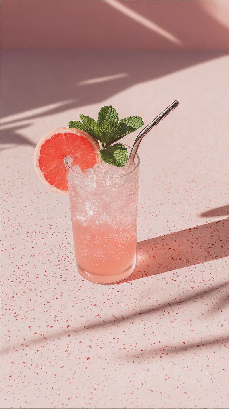 Refreshing pink grapefruit drink with mint garnish on terrazzo surface