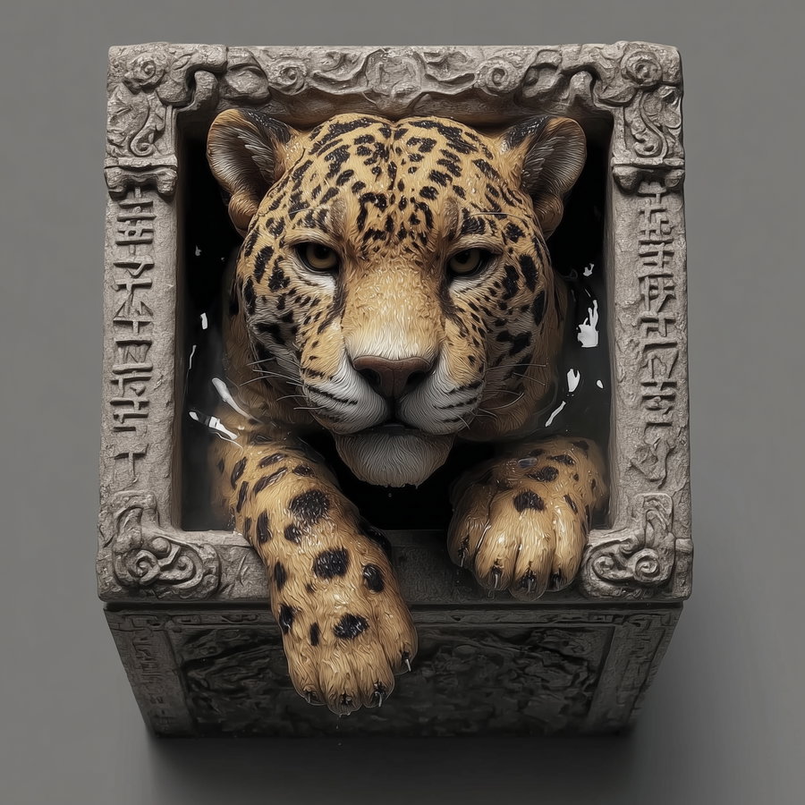 A realistic, detailed depiction of a jaguar with yellow and black spots appearing to emerge from a carved stone frame with ancient symbols and patterns.