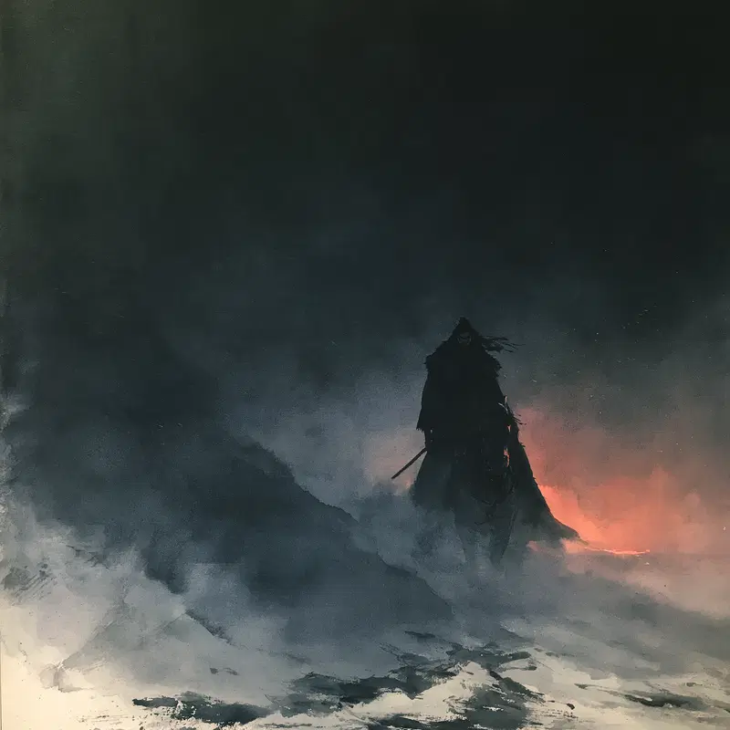 Dark and moody art of a lone rider on horseback in a foggy and fiery landscape