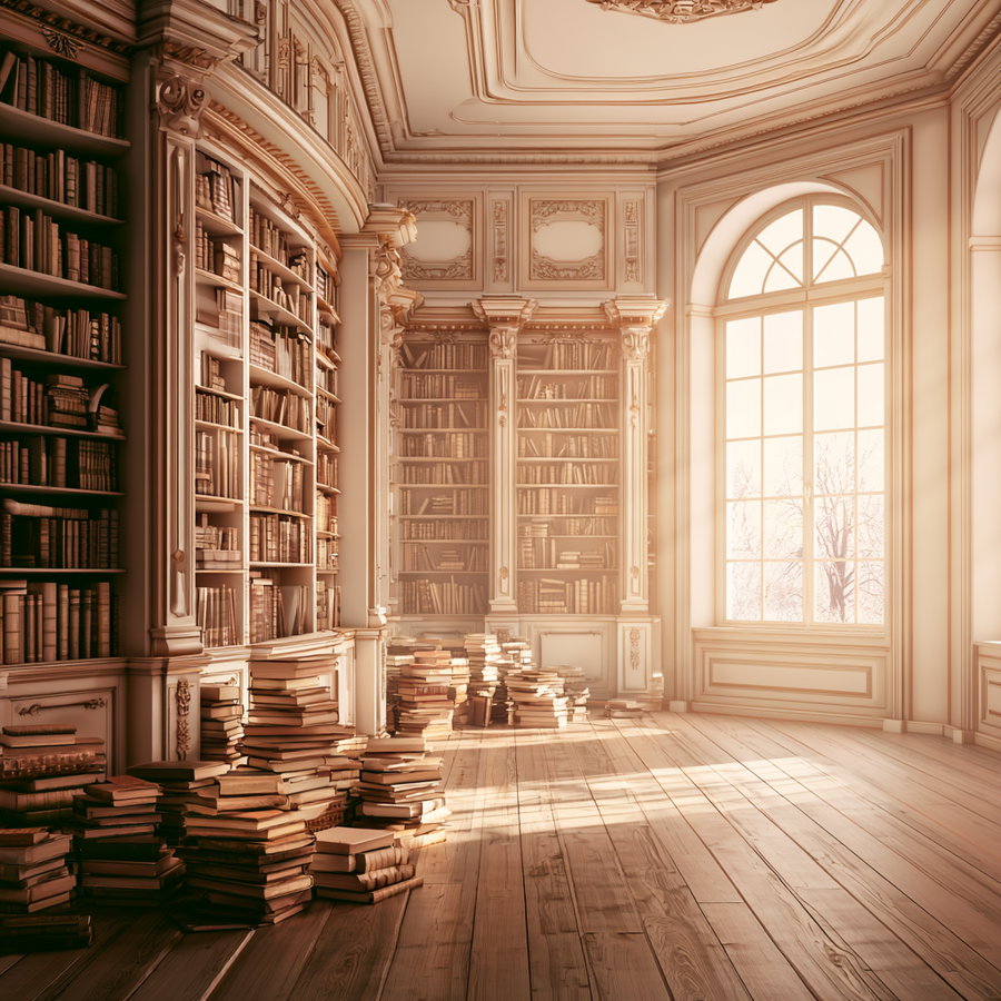 An old library room with ornate carved wood shelves filled with numerous books, sunlight streaming through a large arched window, and stacks of vintage books on a wooden floor.