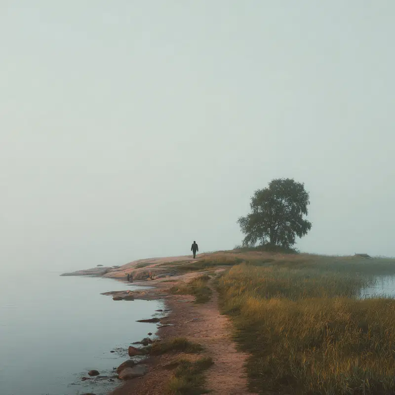 Serene lakeside path with solitary figure and lone tree in mist