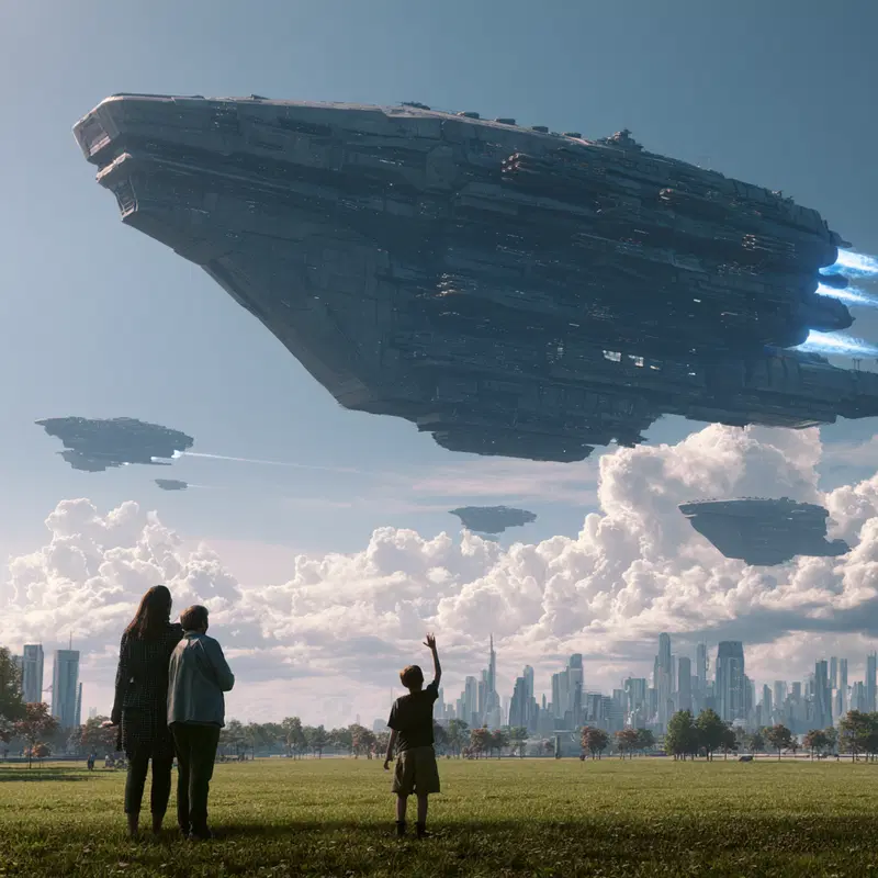 Futuristic cityscape with large spaceship fleet flying over park