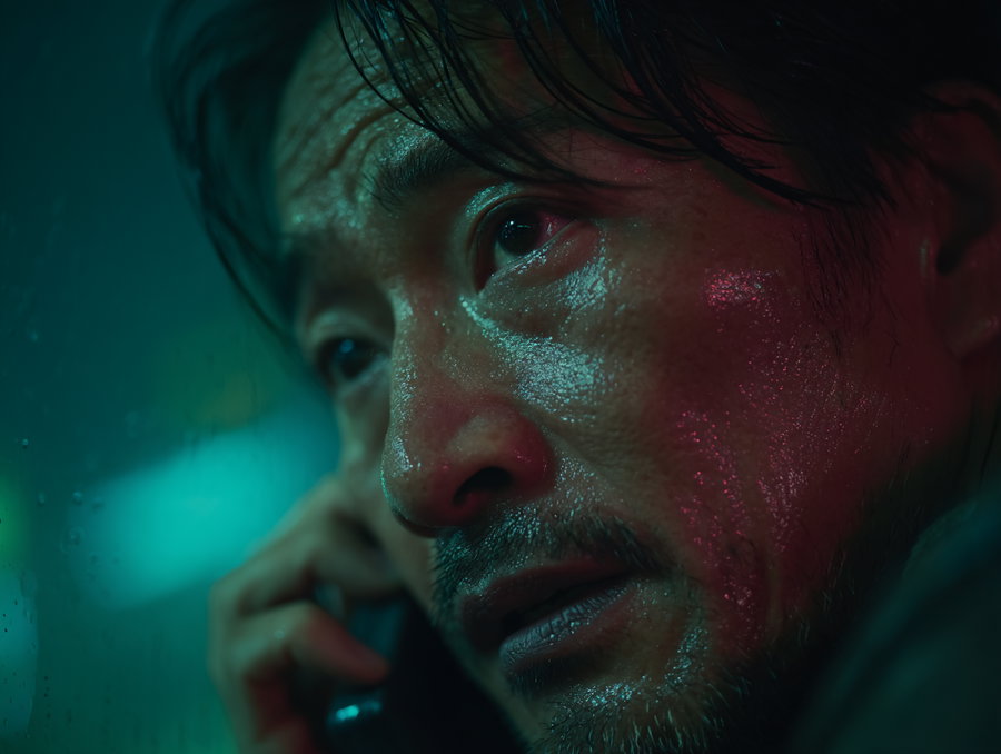 Close-up photo of a man's face with wet skin, illuminated by teal and red lights, looking pensively to the side