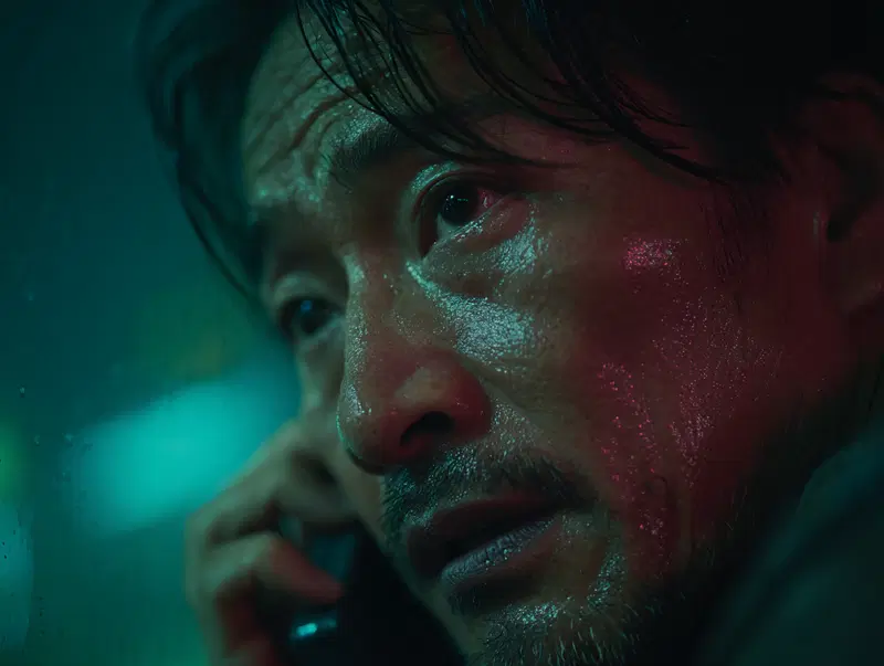 Intense close-up portrait of a man with wet skin in moody lighting