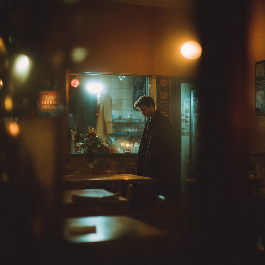 A man in dark clothing standing inside a warmly lit cafe with blurred foreground and soft glowing lights creating a moody atmosphere