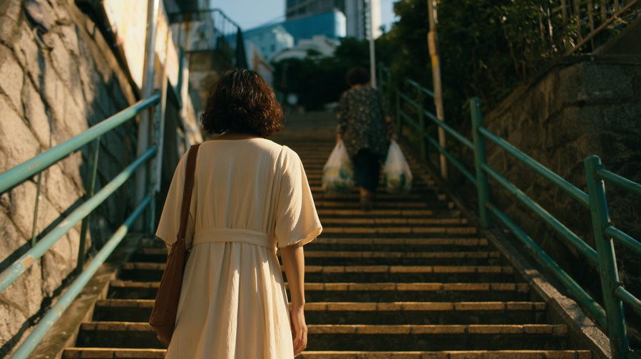 Two people walking up a stone stairway with green metal railings; one person in white dress with handbag in foreground, another carrying grocery bags ahead