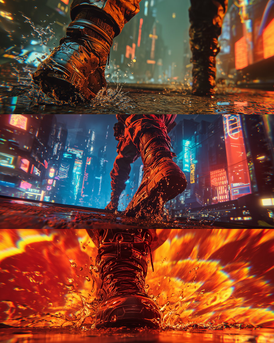 Three close-up images of combat boots stepping in water puddles with splashes; urban cityscape with glowing neon signs in background, colors range from cool blues to fiery oranges