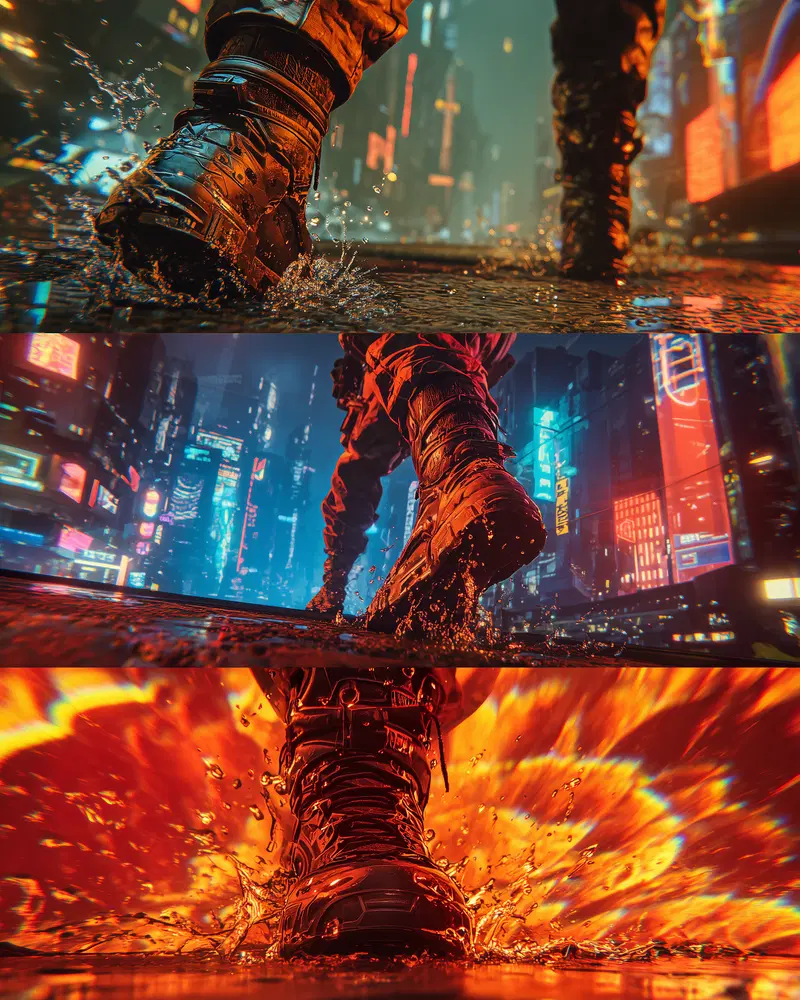 Dynamic close-up shots of combat boots splashing through a neon-lit urban landscape