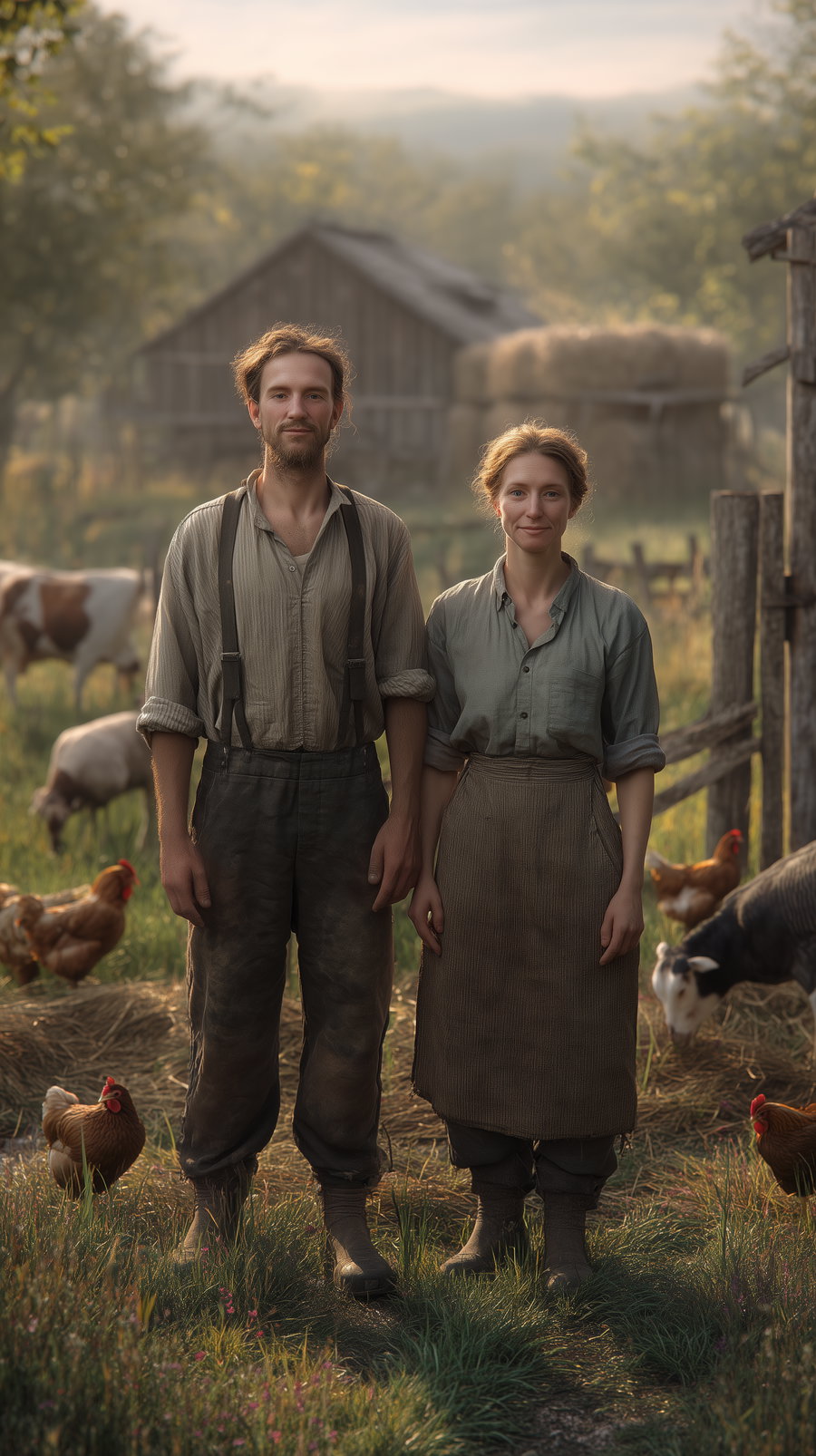 A man and a woman dressed in vintage farm clothes stand in front of a rustic barn surrounded by chickens, cows, and goats in a countryside setting.