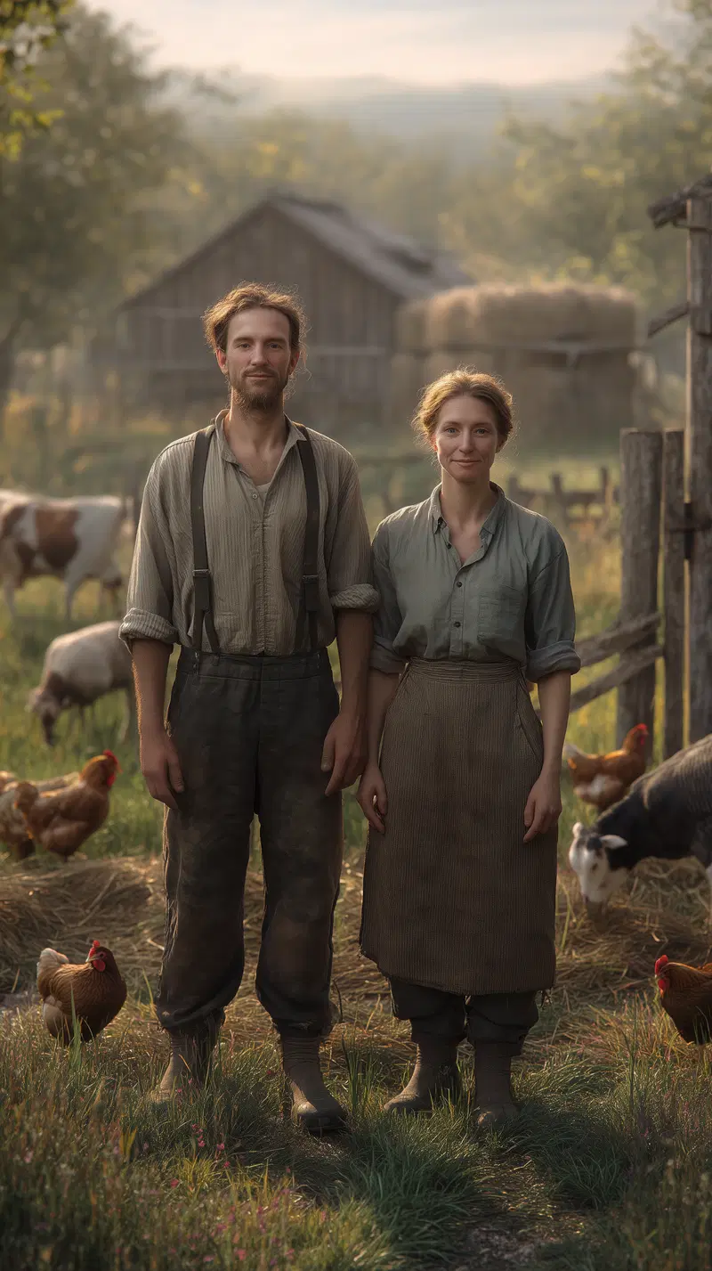 Rustic vintage-style portrait of a farming couple with animals and barn
