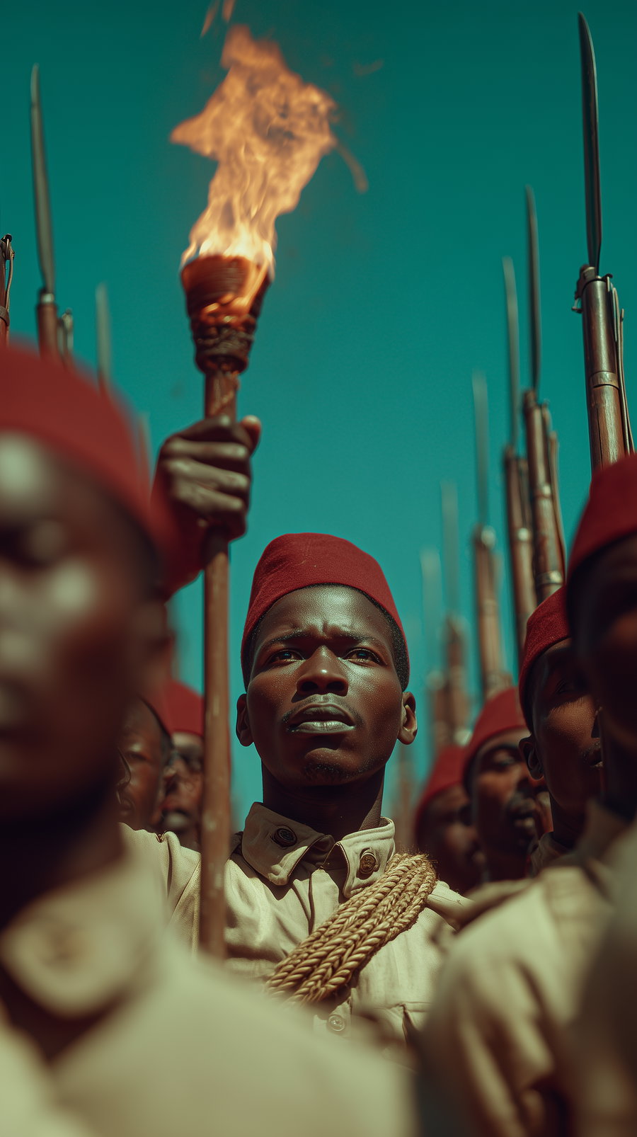 Close-up of a man wearing a vintage military uniform and a red fez hat, holding a burning torch, surrounded by soldiers in similar attire and bayonets against a clear blue sky