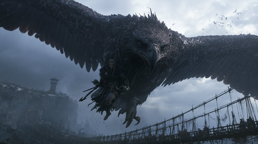 A warrior with braided hair riding a large black eagle flying over a bridge with a misty, mountainous background and cloudy sky