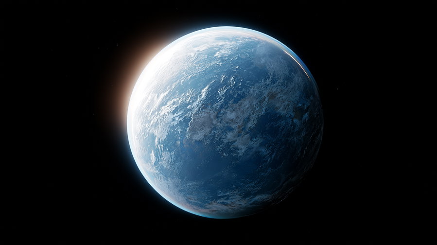 A detailed image of Earth from space with visible cloud formations, blue oceans, and sunlight highlighting the curvature of the planet against a black starry background