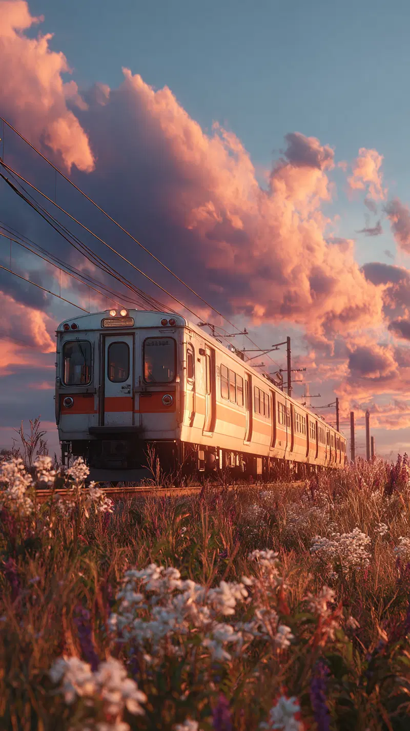 Train passing through flower fields under a vibrant sunset sky with clouds