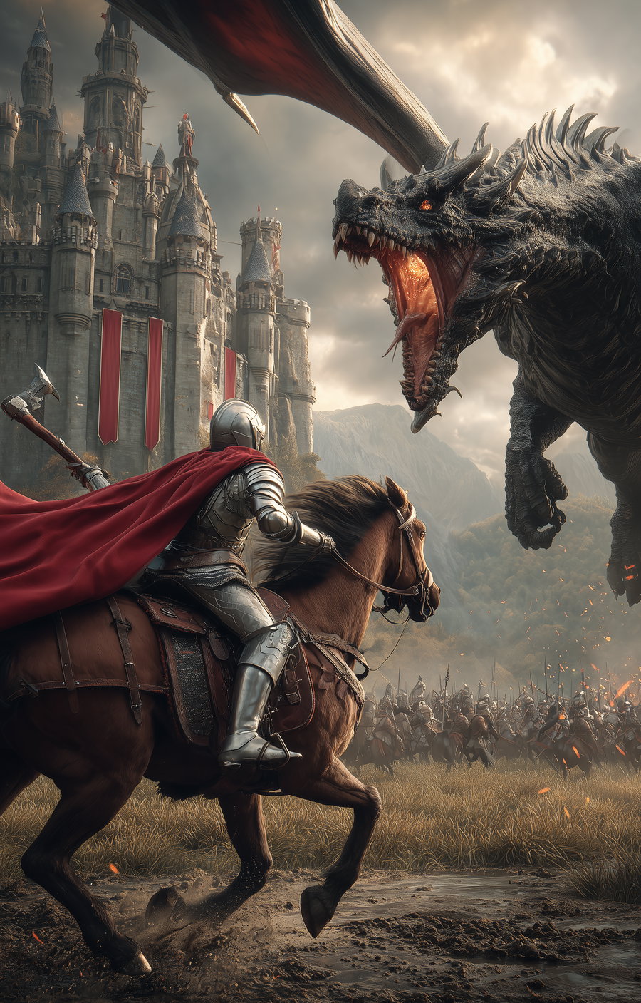 A knight in full armor with a red cape riding a horse charges towards a large, fierce dragon with an open fiery mouth in front of a stone castle with red banners, with many soldiers and a cloudy sky in the background.