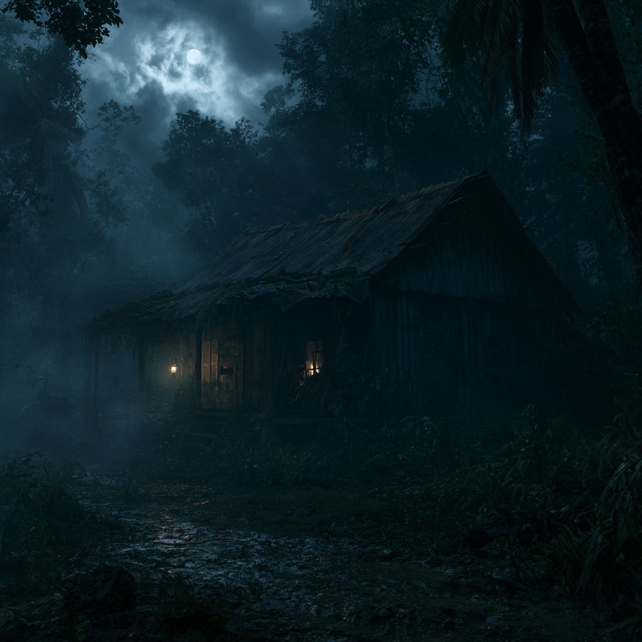 A dark wooden cabin in the middle of a dense forest at night with faint light from lanterns and a cloudy moon illuminating the misty surroundings