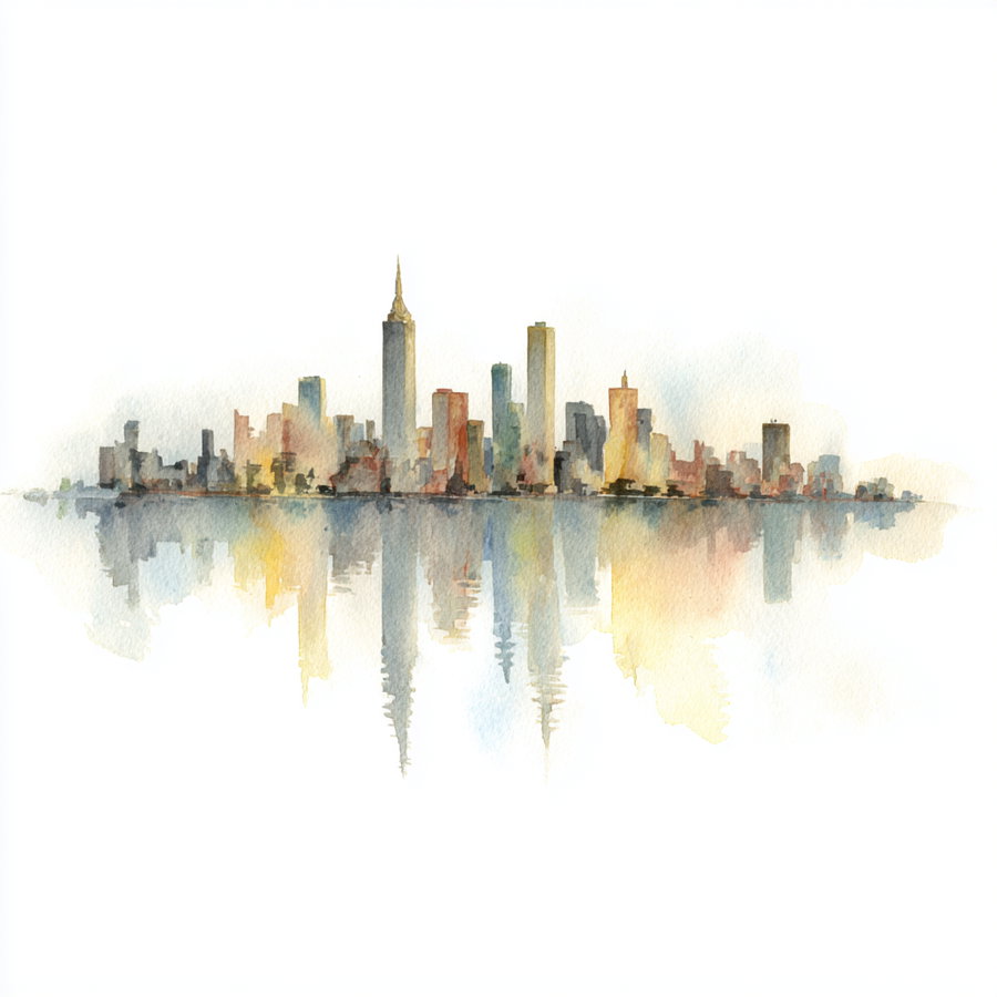 Watercolor artwork depicting a city skyline with tall buildings and their reflections in the water below