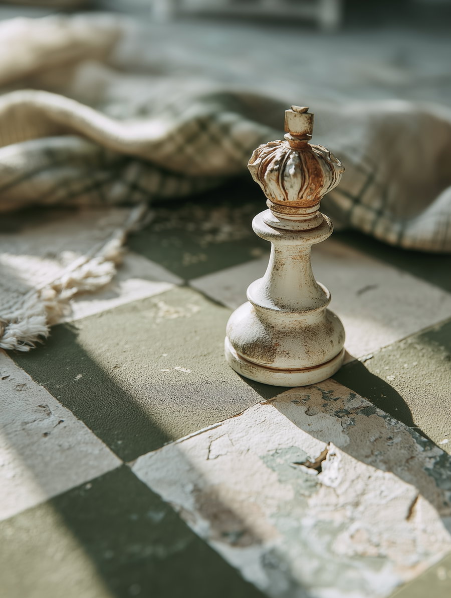 Close-up of a weathered white chess king piece on a worn checkered surface with a cloth in the background