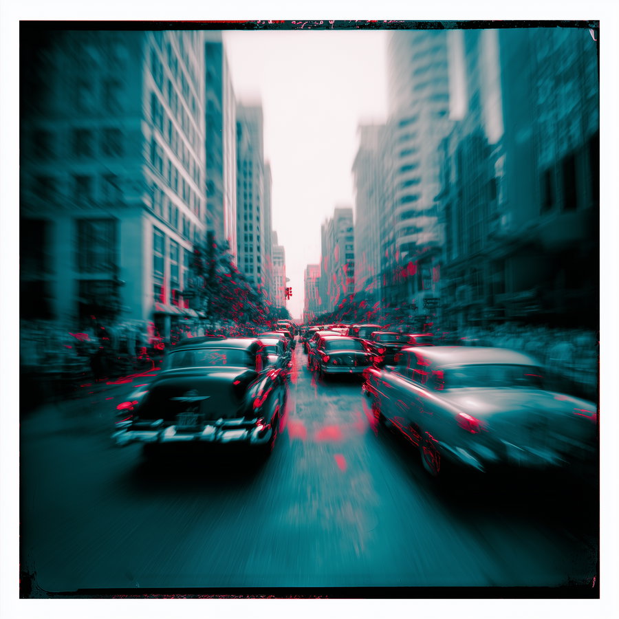 Black and white photo with color distortion showing old classic cars on a city street with tall buildings on both sides