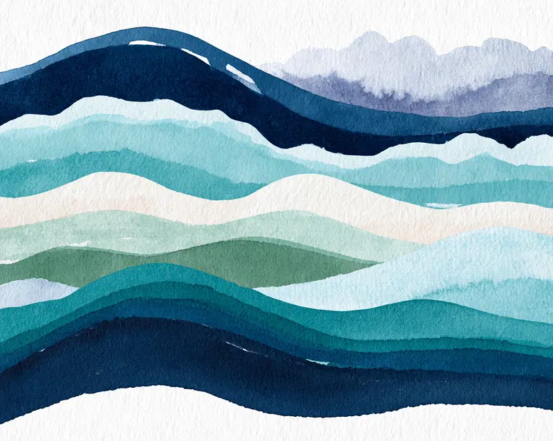 Abstract layered watercolor waves in calming blue and green hues