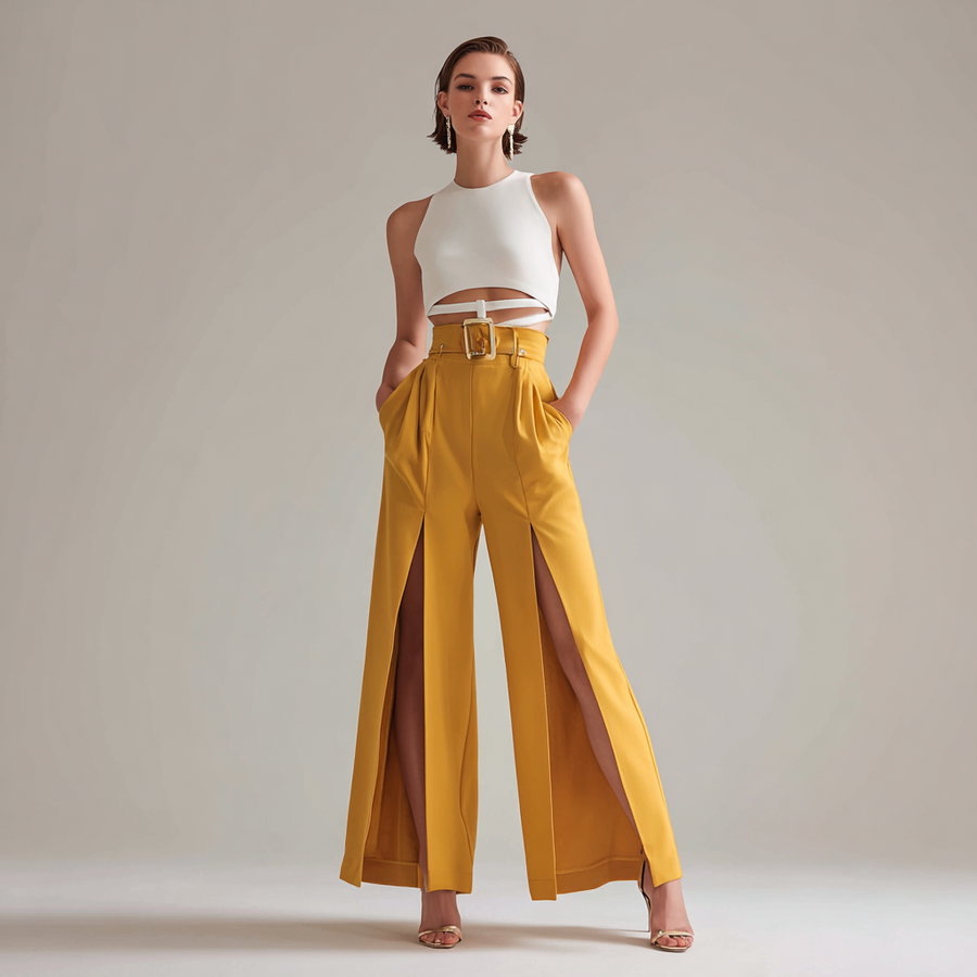A young woman standing against a plain background wearing a sleeveless white crop top and high-waisted mustard yellow wide-leg pants with front slits, accessorized with earrings and heeled sandals.