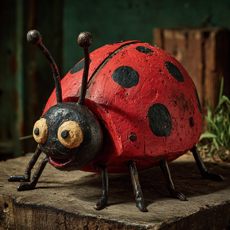 A painted ladybug sculpture featuring a red body with black spots and big eyes, standing on a wooden block with a rustic background