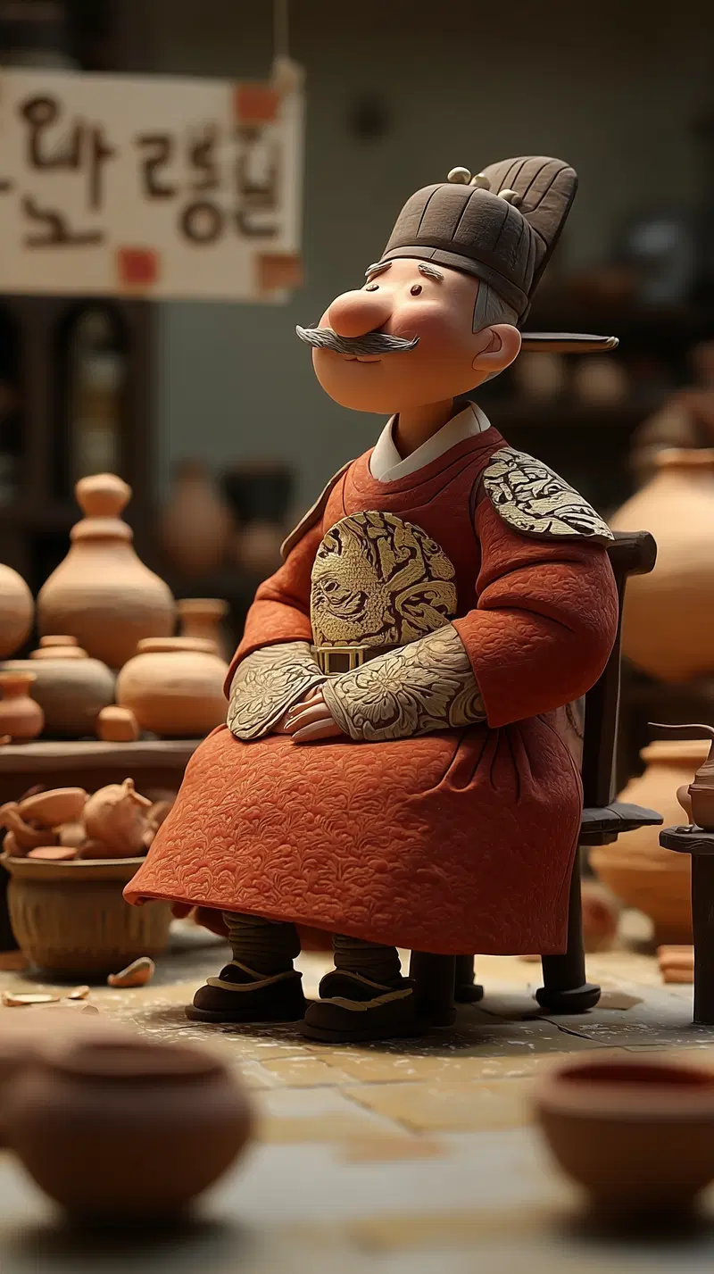 Vintage style figurine of a man in traditional Asian attire sitting among pottery